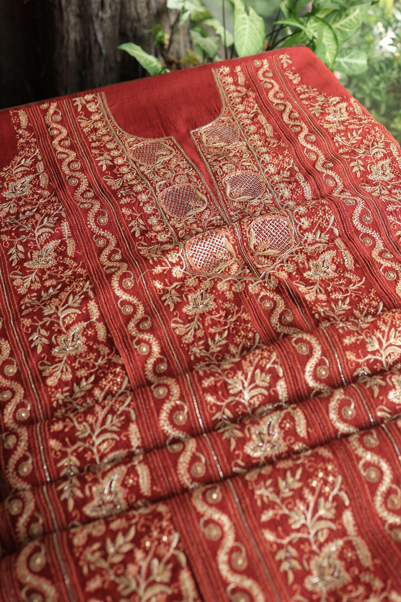 Cherry Red Shade Moonga Silk Chikankari Unstitched Fabric