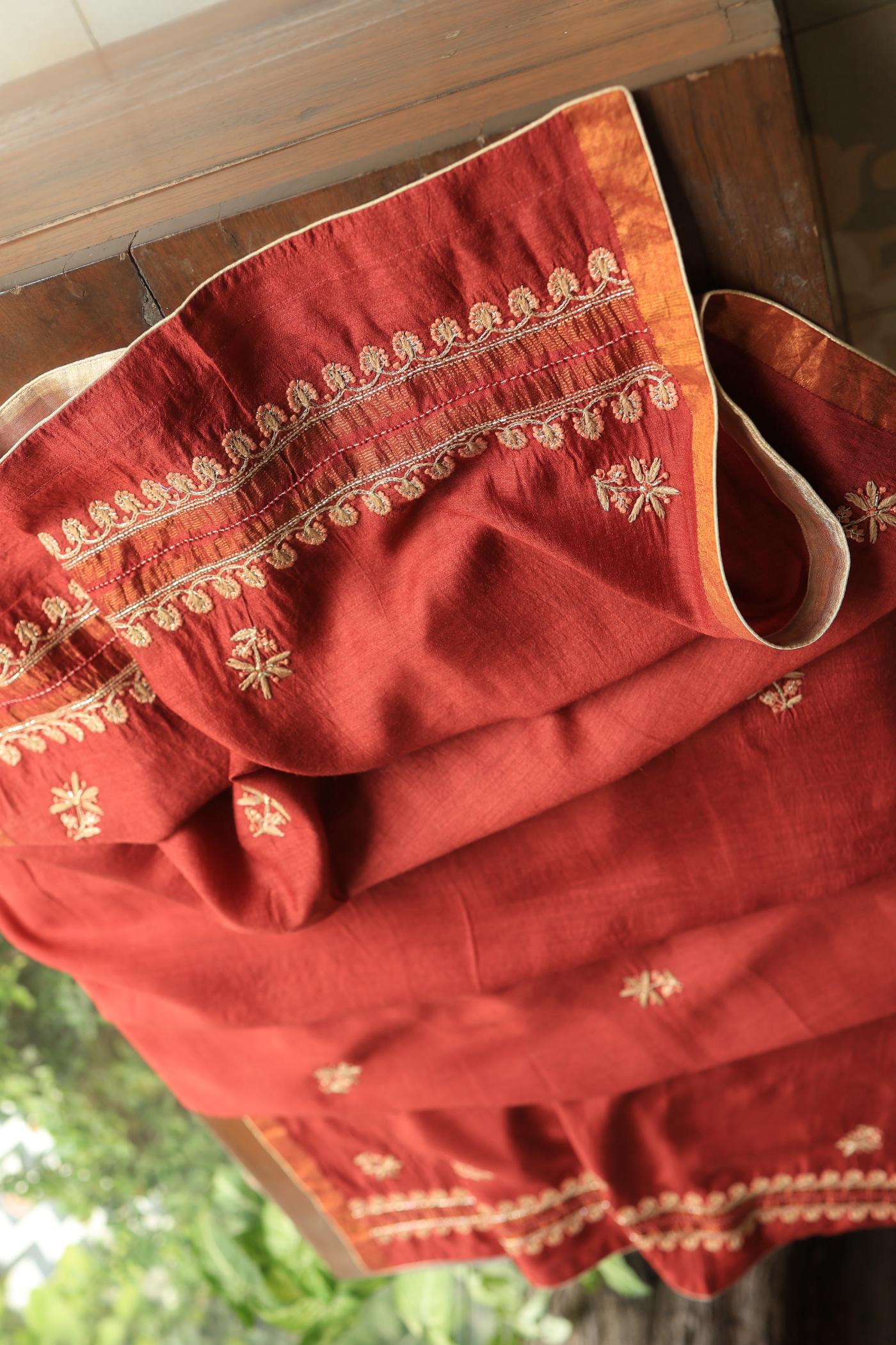 Cherry Red Shade Moonga Silk Chikankari Unstitched Fabric