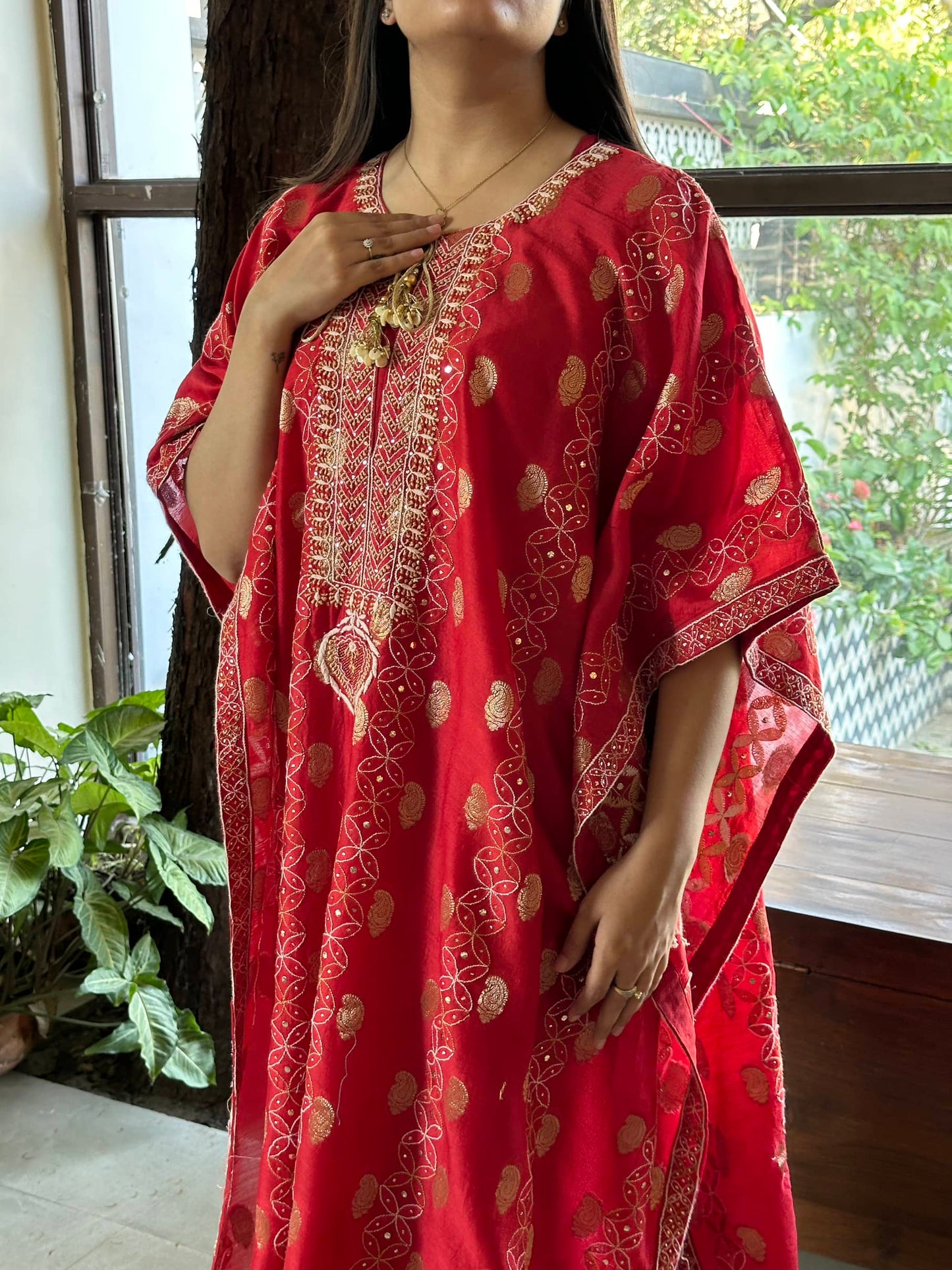 Red Zari Chanderi Chikankari Kaftan