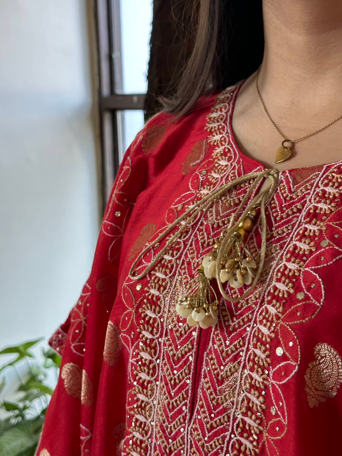 Red Zari Chanderi Chikankari Kaftan