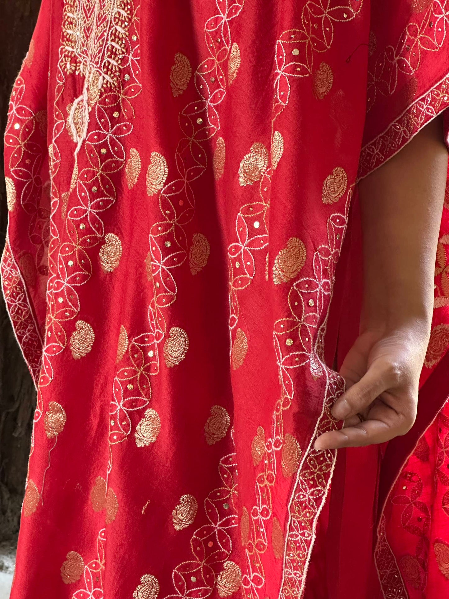 Red Zari Chanderi Chikankari Kaftan