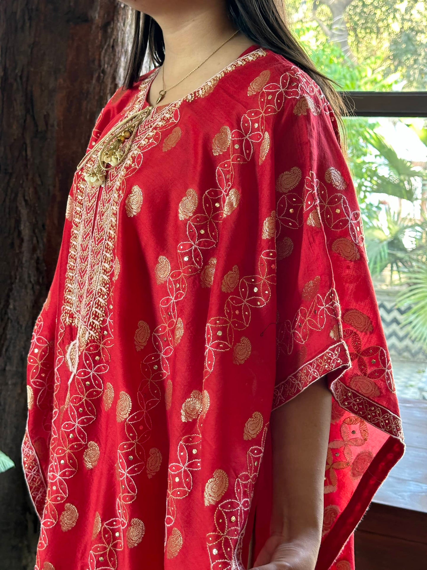 Red Zari Chanderi Chikankari Kaftan