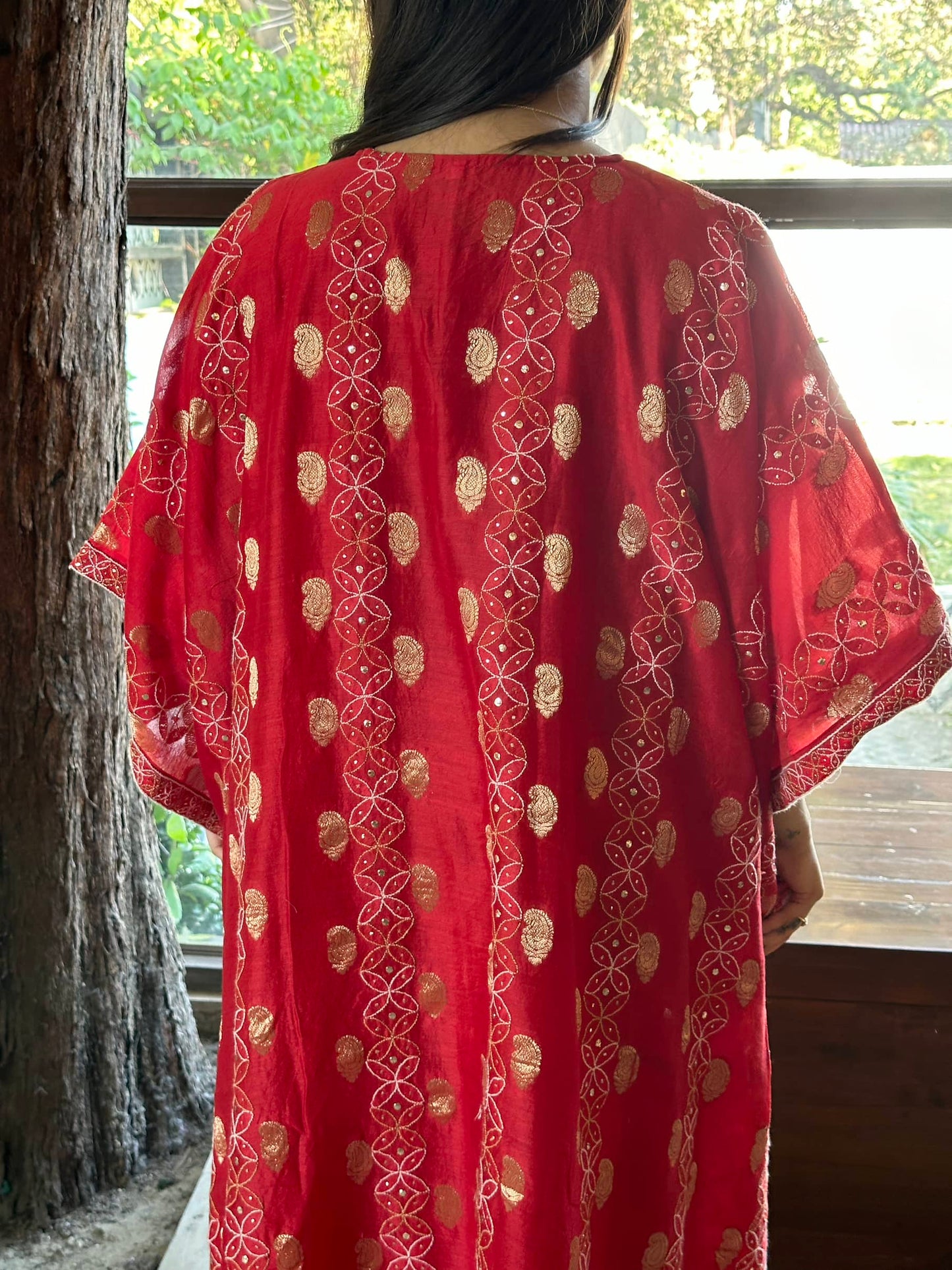 Red Zari Chanderi Chikankari Kaftan