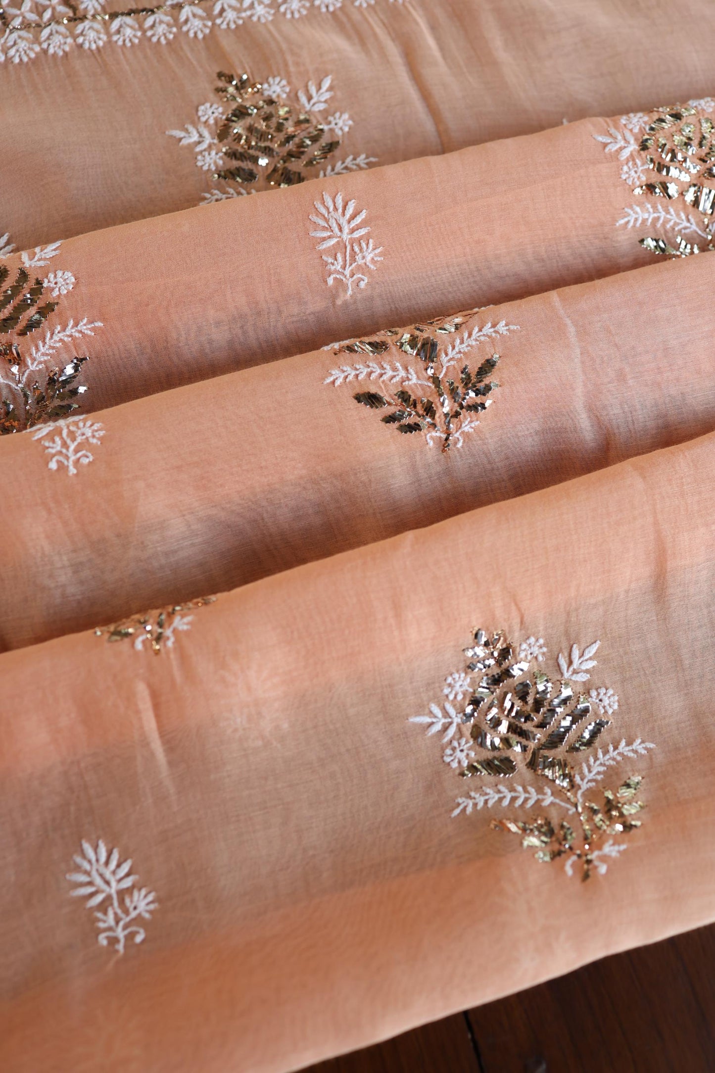 Clay Peach Fine Chikankari With Kamdani Work Unstitched Fabric