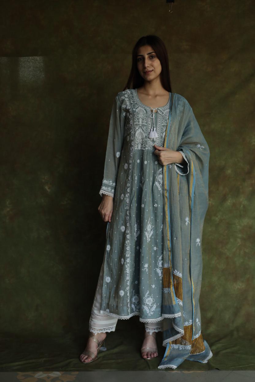Cloud Grey Tissue Silk Chikankari Angarkha With Ari & Beads Work