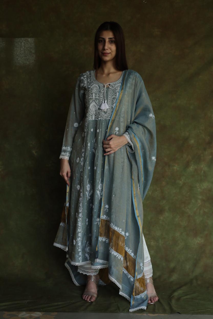 Cloud Grey Tissue Silk Chikankari Angarkha With Ari & Beads Work