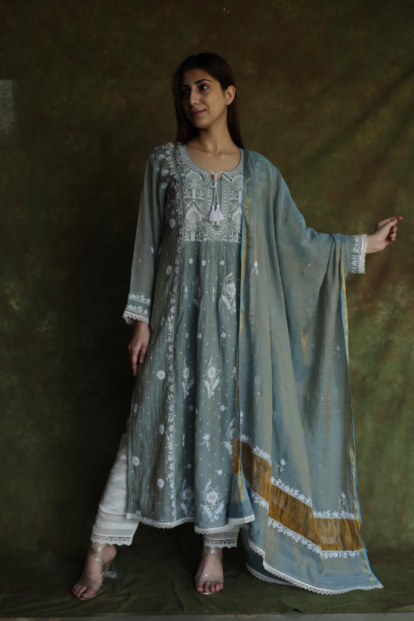 Cloud Grey Tissue Silk Chikankari Angarkha With Ari & Beads Work