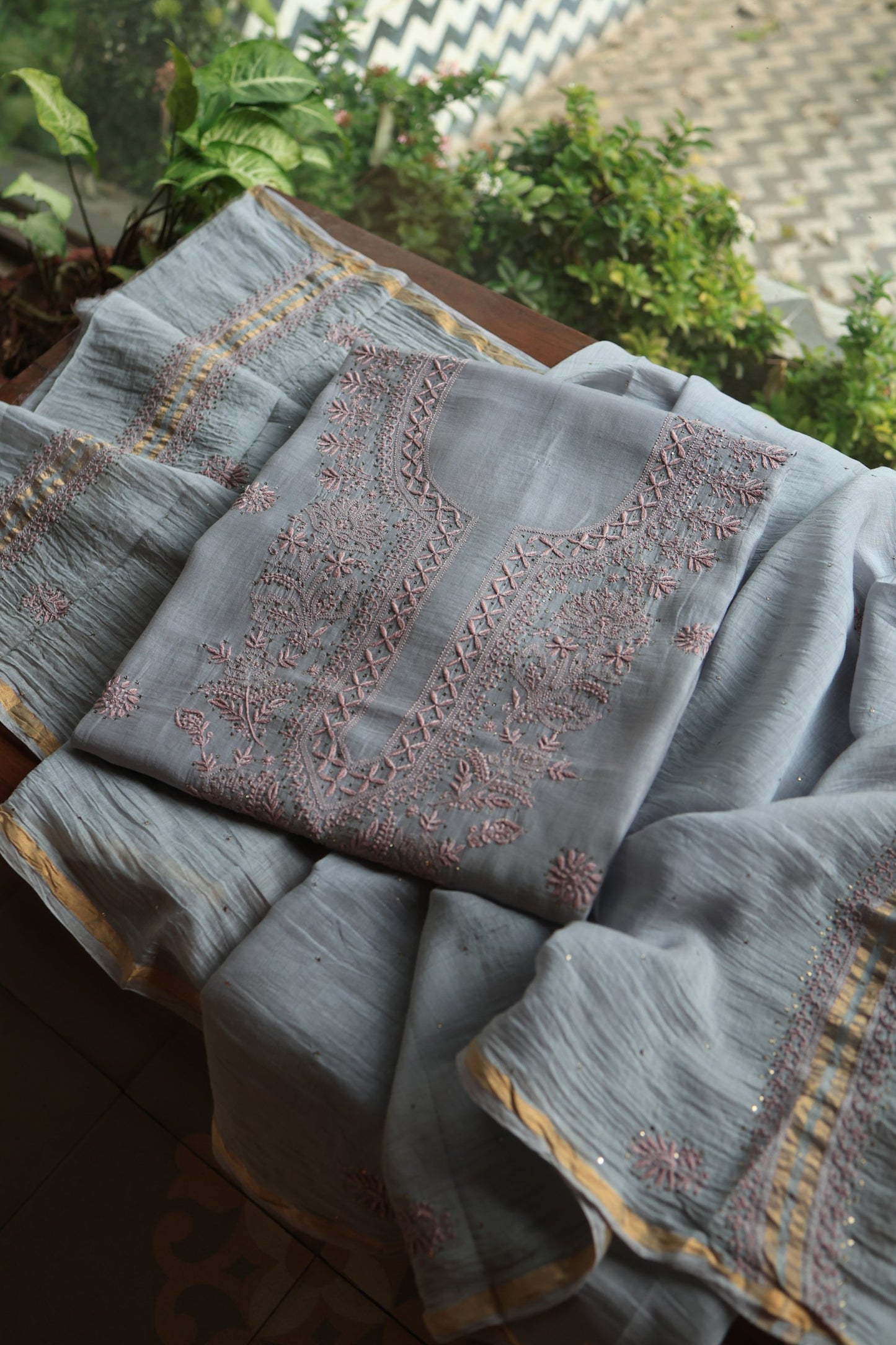Cloud Grey Shade Mal Cotton Chikankari Unstitched Fabrics With Kamdani