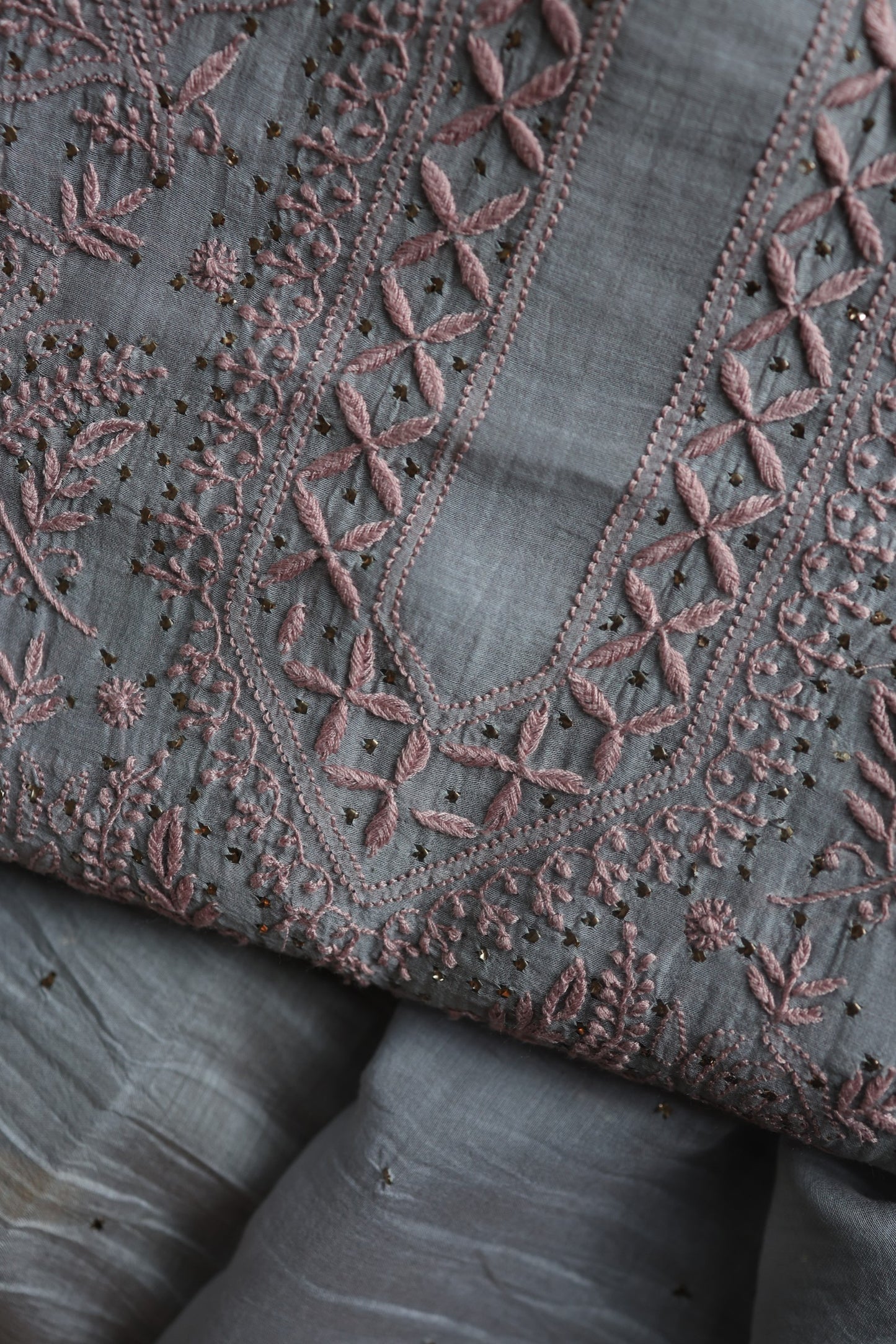 Cloud Grey Shade Mal Cotton Chikankari Unstitched Fabrics With Kamdani