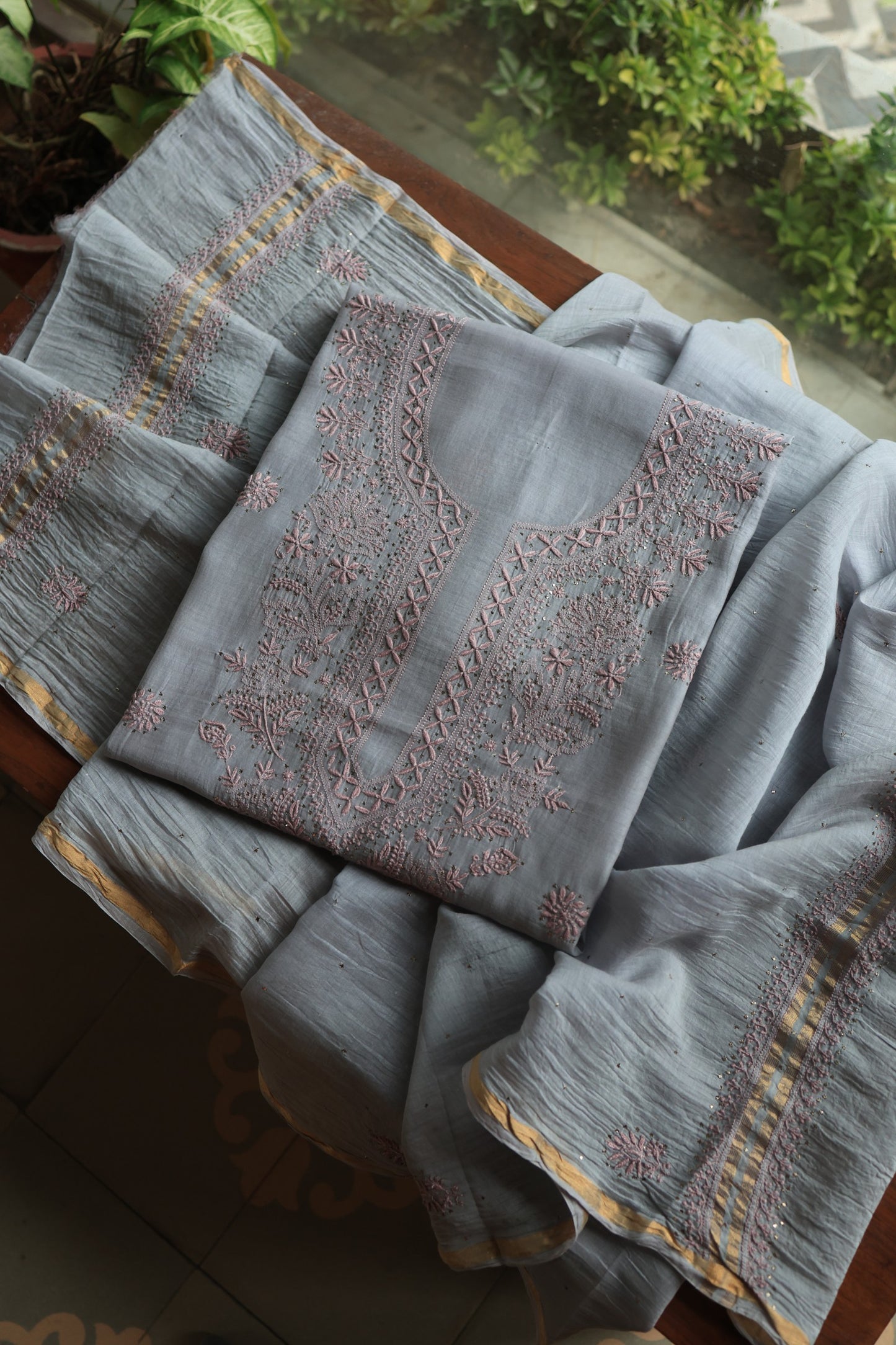 Cloud Grey Shade Mal Cotton Chikankari Unstitched Fabrics With Kamdani
