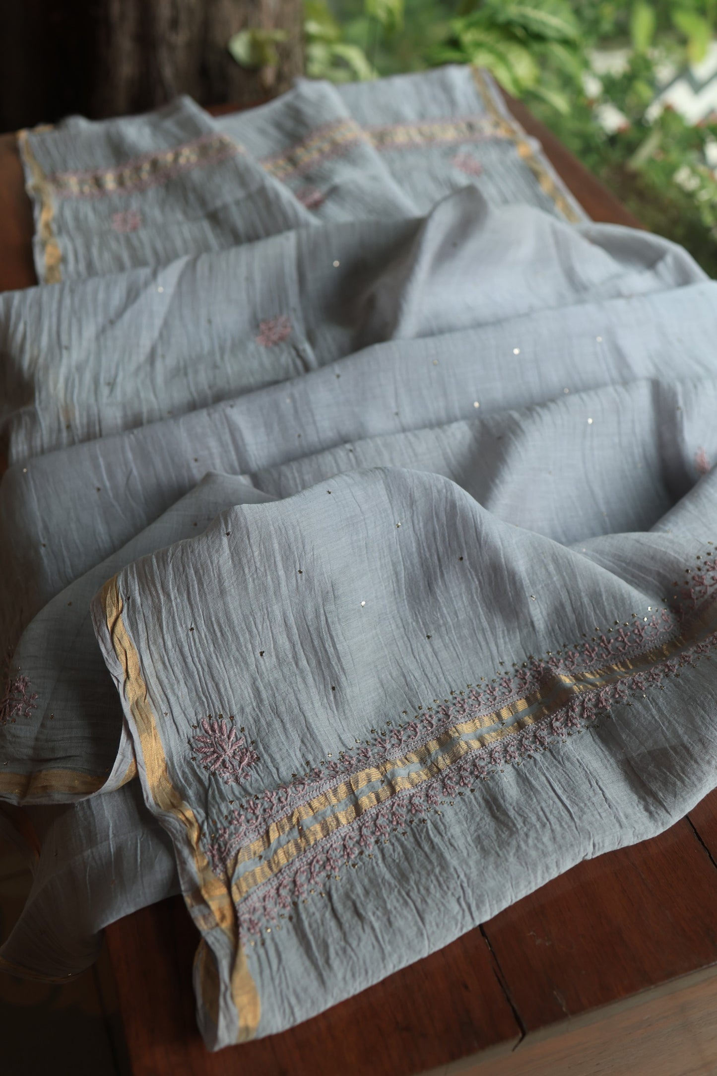 Cloud Grey Shade Mal Cotton Chikankari Unstitched Fabrics With Kamdani