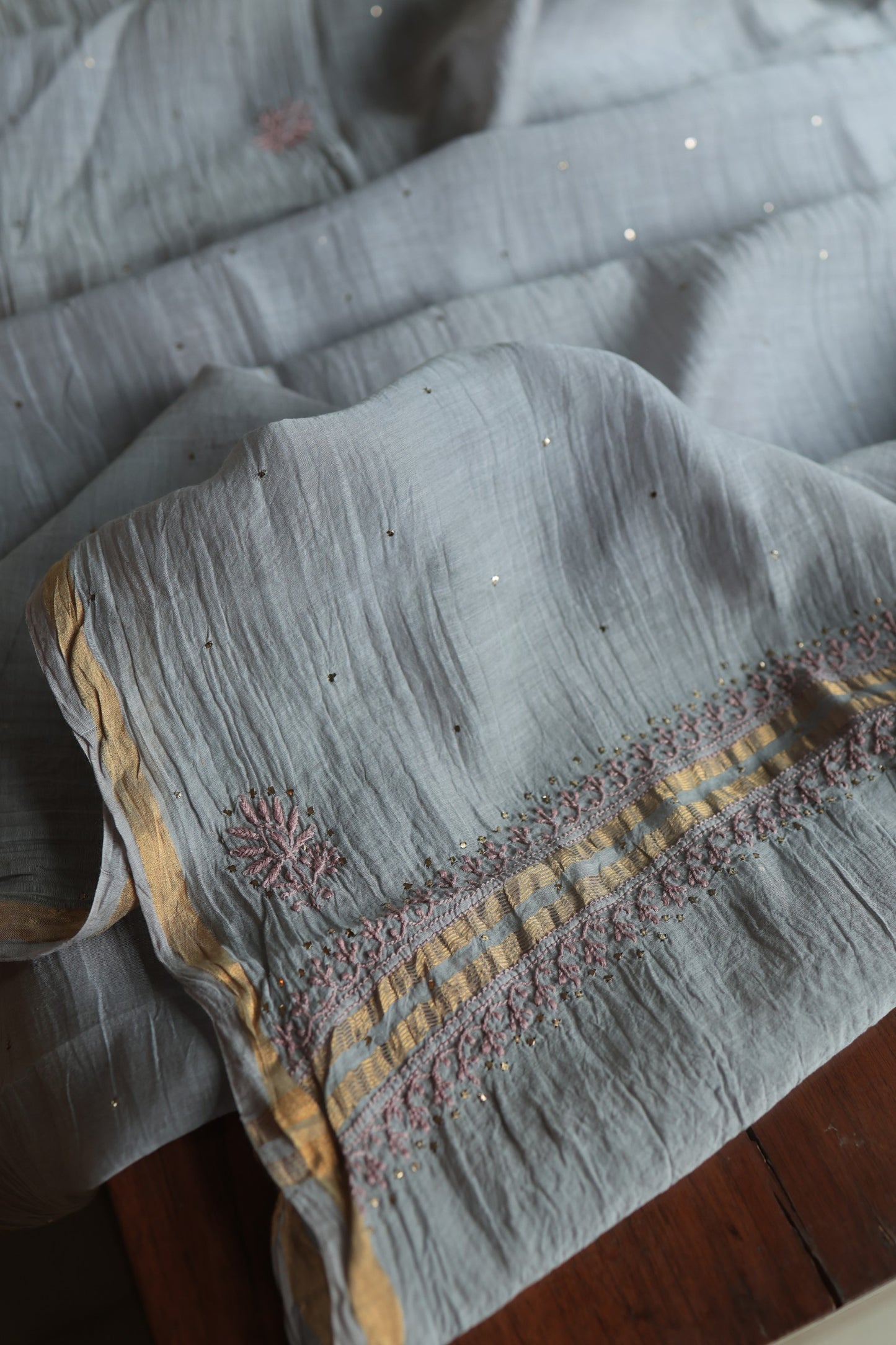 Cloud Grey Shade Mal Cotton Chikankari Unstitched Fabrics With Kamdani