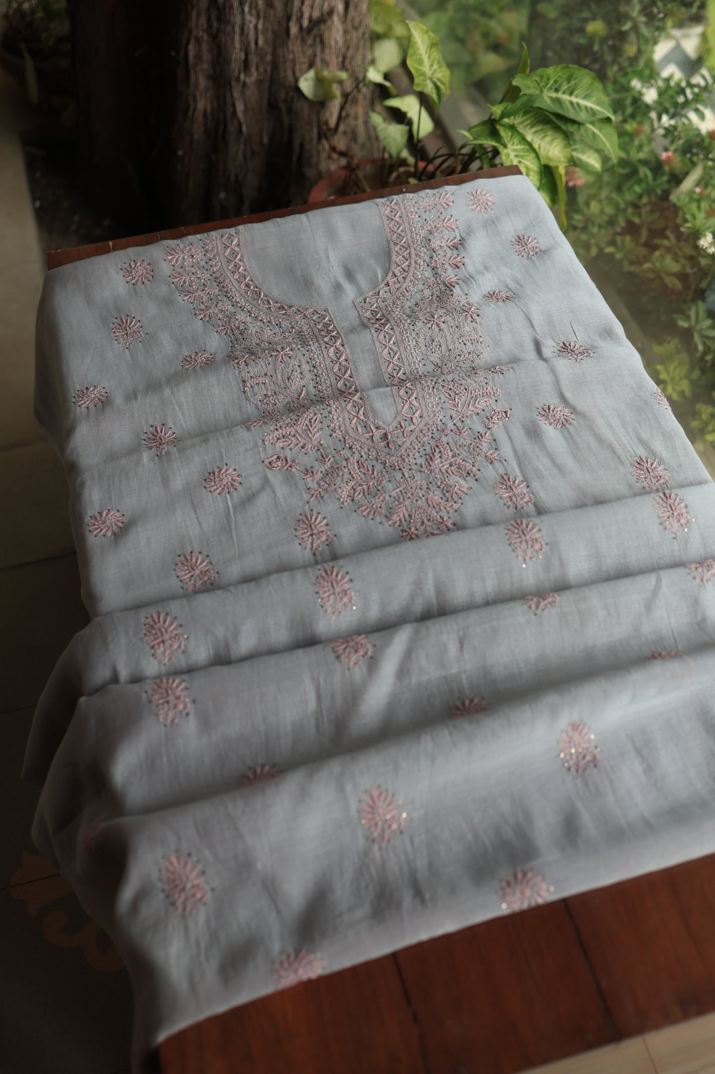 Cloud Grey Shade Mal Cotton Chikankari Unstitched Fabrics With Kamdani