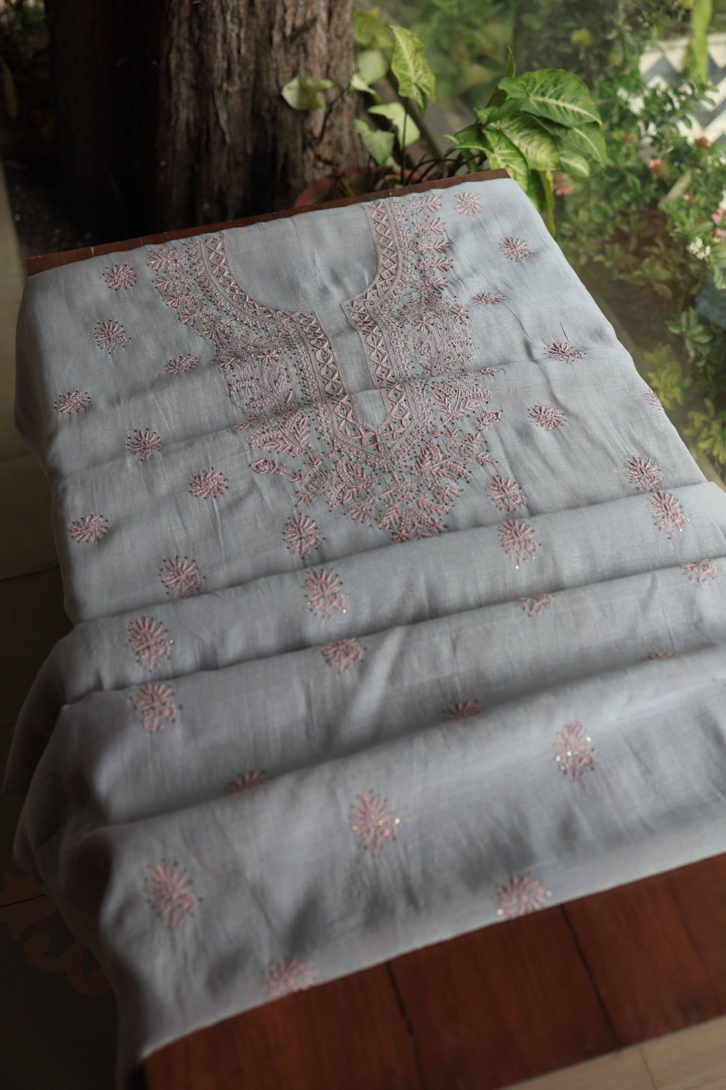 Cloud Grey Shade Mal Cotton Chikankari Unstitched Fabrics With Kamdani