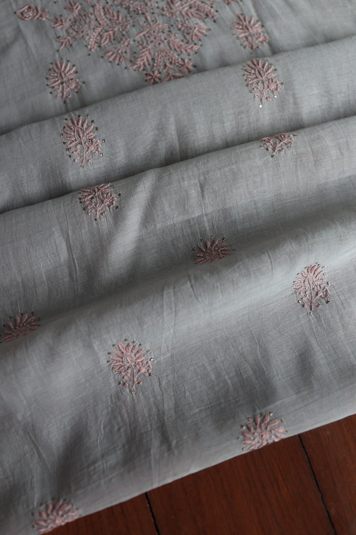 Cloud Grey Shade Mal Cotton Chikankari Unstitched Fabrics With Kamdani