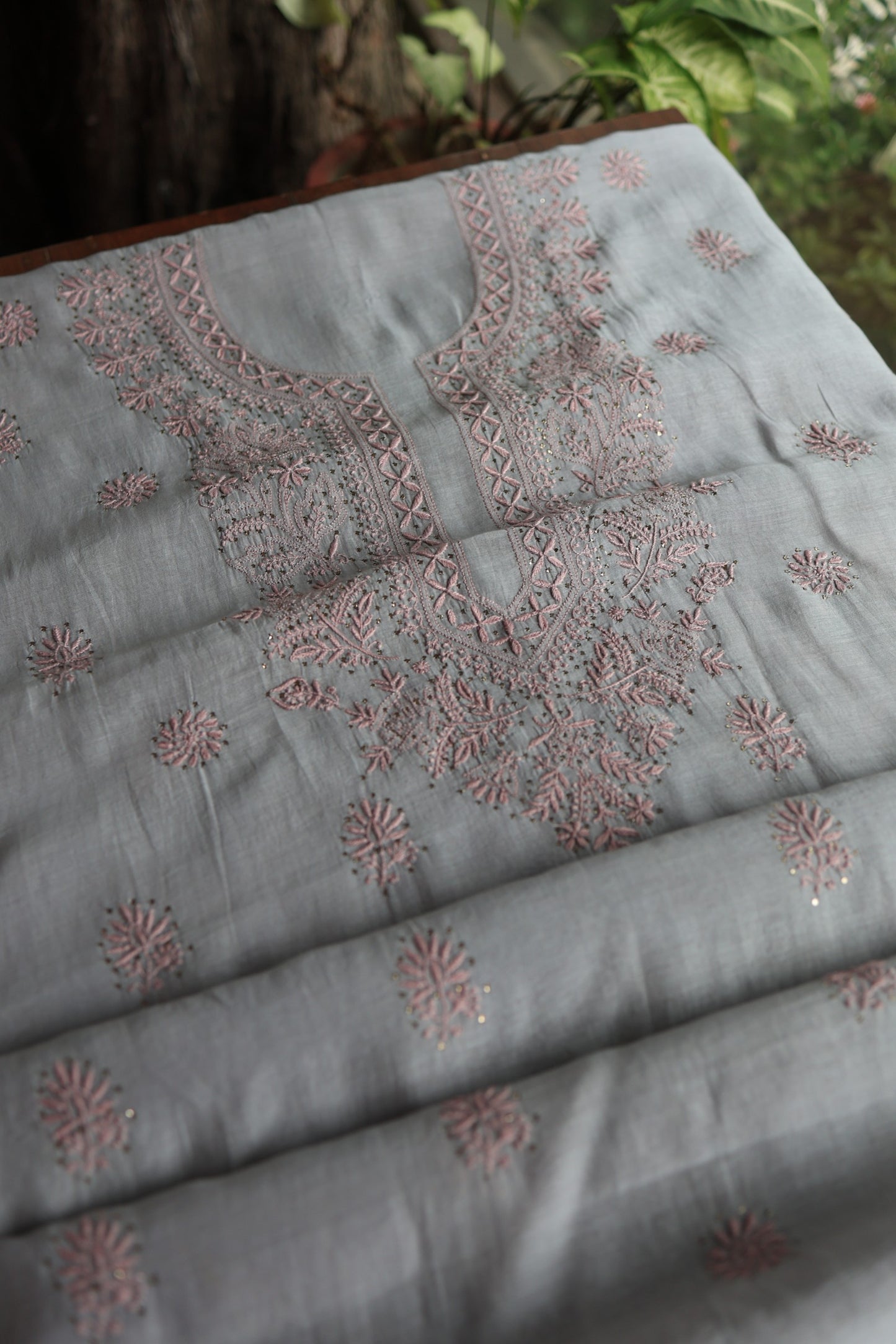 Cloud Grey Shade Mal Cotton Chikankari Unstitched Fabrics With Kamdani