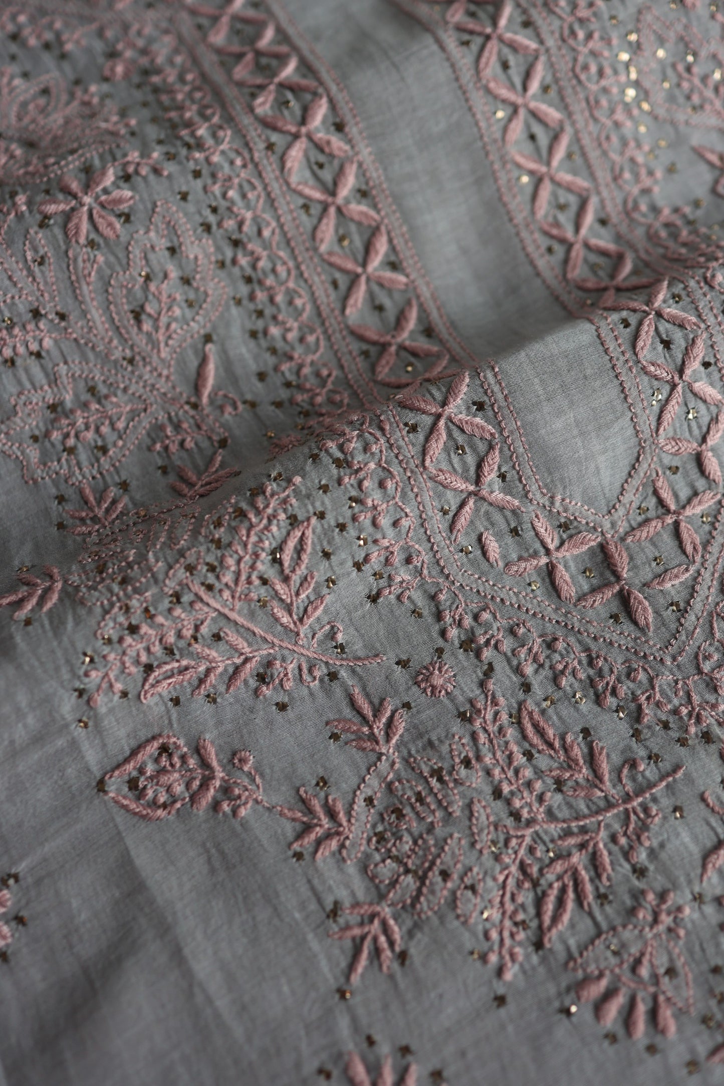 Cloud Grey Shade Mal Cotton Chikankari Unstitched Fabrics With Kamdani
