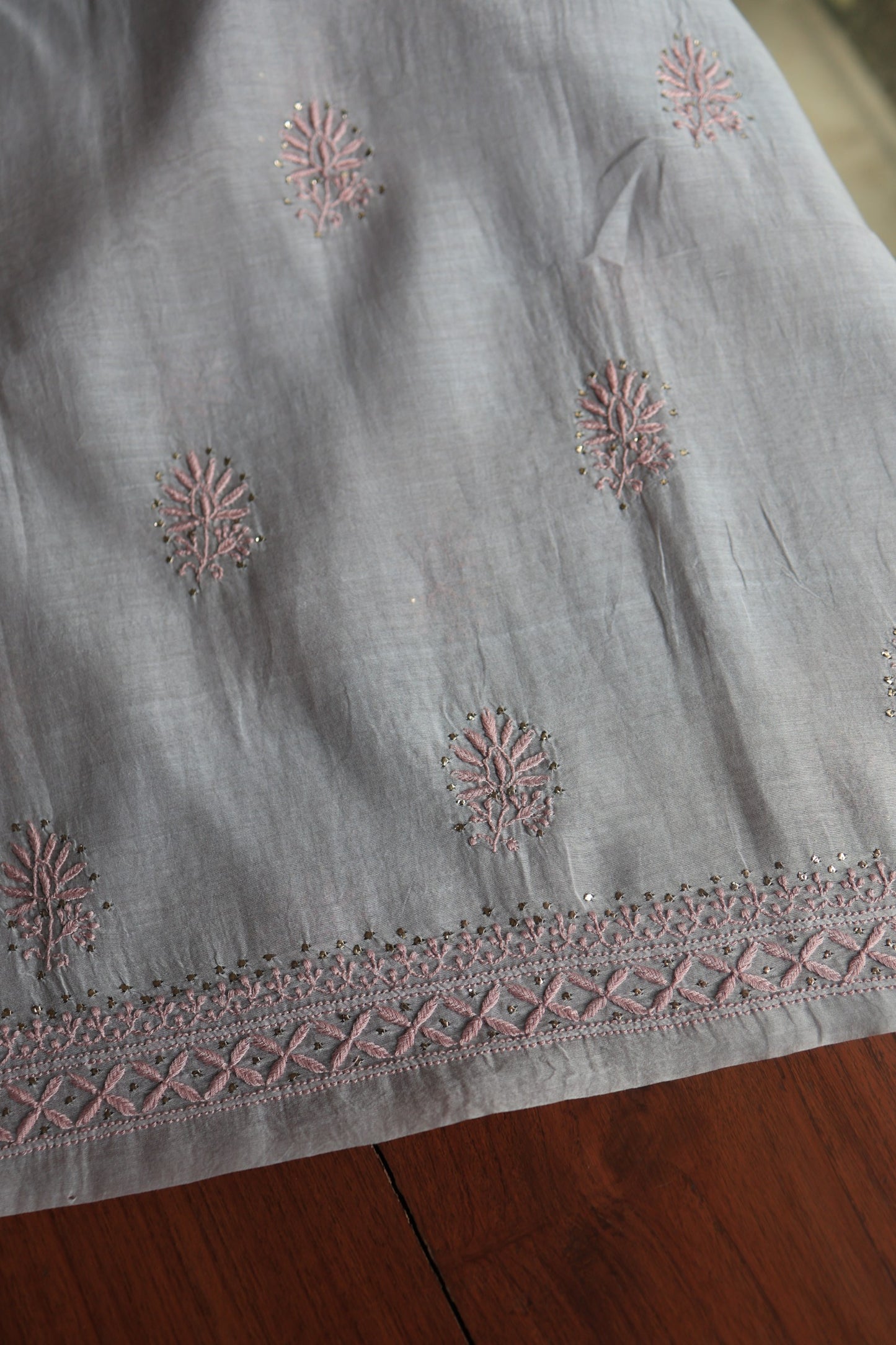 Cloud Grey Shade Mal Cotton Chikankari Unstitched Fabrics With Kamdani