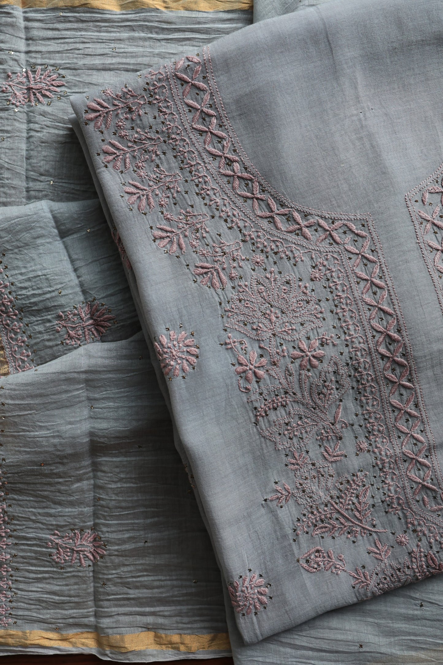 Cloud Grey Shade Mal Cotton Chikankari Unstitched Fabrics With Kamdani