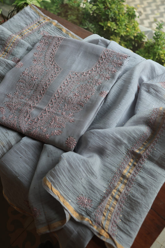 Cloud Grey Shade Mal Cotton Chikankari Unstitched Fabrics With Kamdani