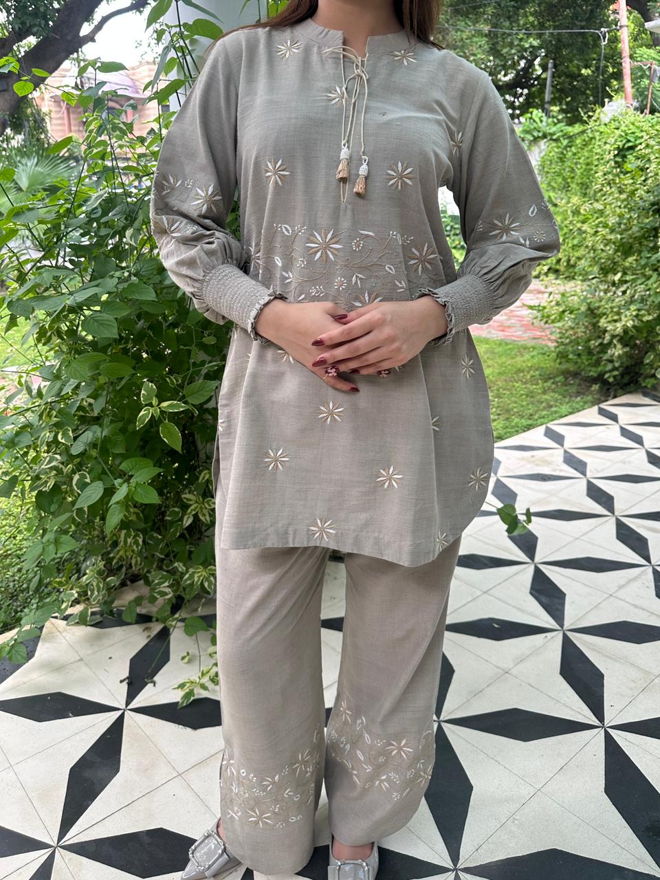 Cloudy Grey Malkha Cotton Chikankari Co-ord Set