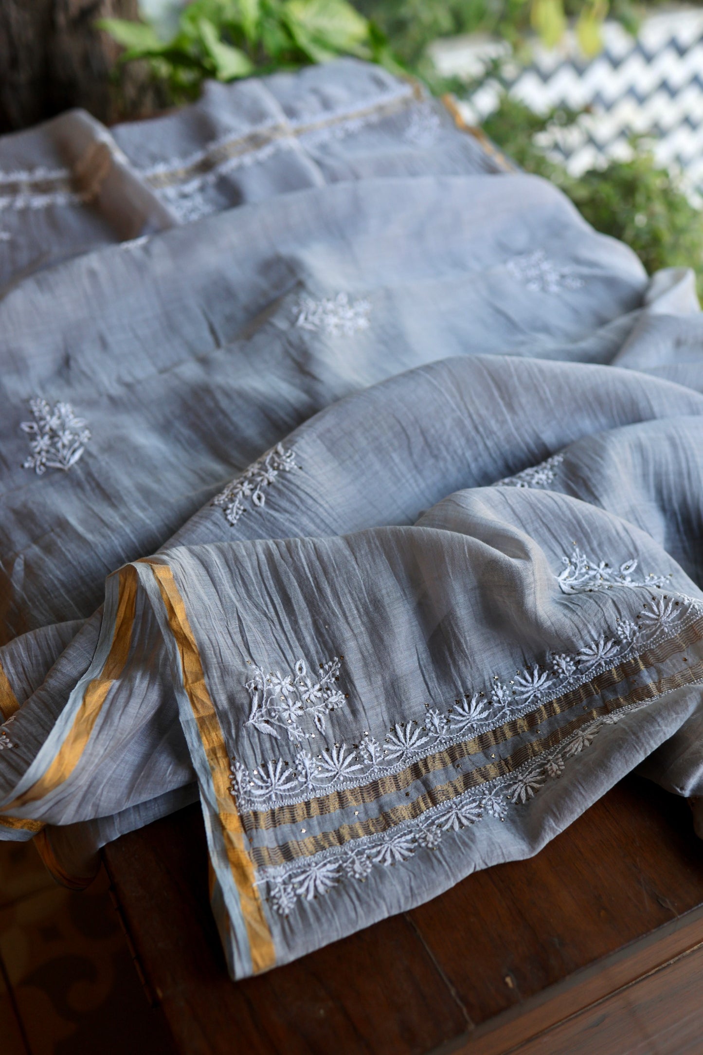 Cloudy Grey Shade Mal Cotton Fine Chikankari Unstitched Fabric