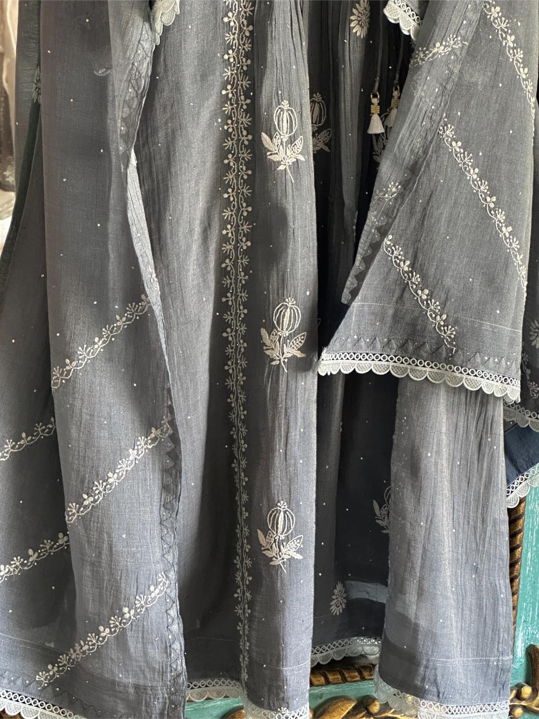 Cloudy Grey Tissue Silk Chikankari Angarkha