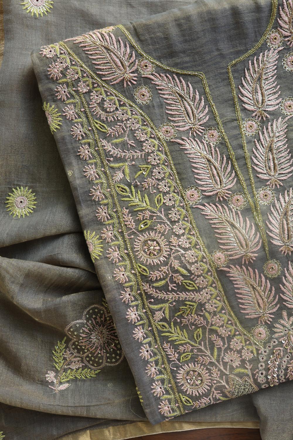 Cloudy Grey Tissue Silk Chikankari Unstitched Fabric