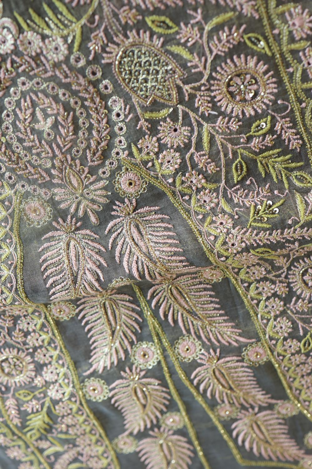 Cloudy Grey Tissue Silk Chikankari Unstitched Fabric