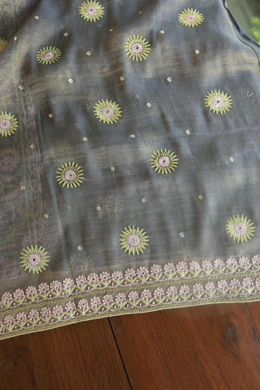Cloudy Grey Tissue Silk Chikankari Unstitched Fabric