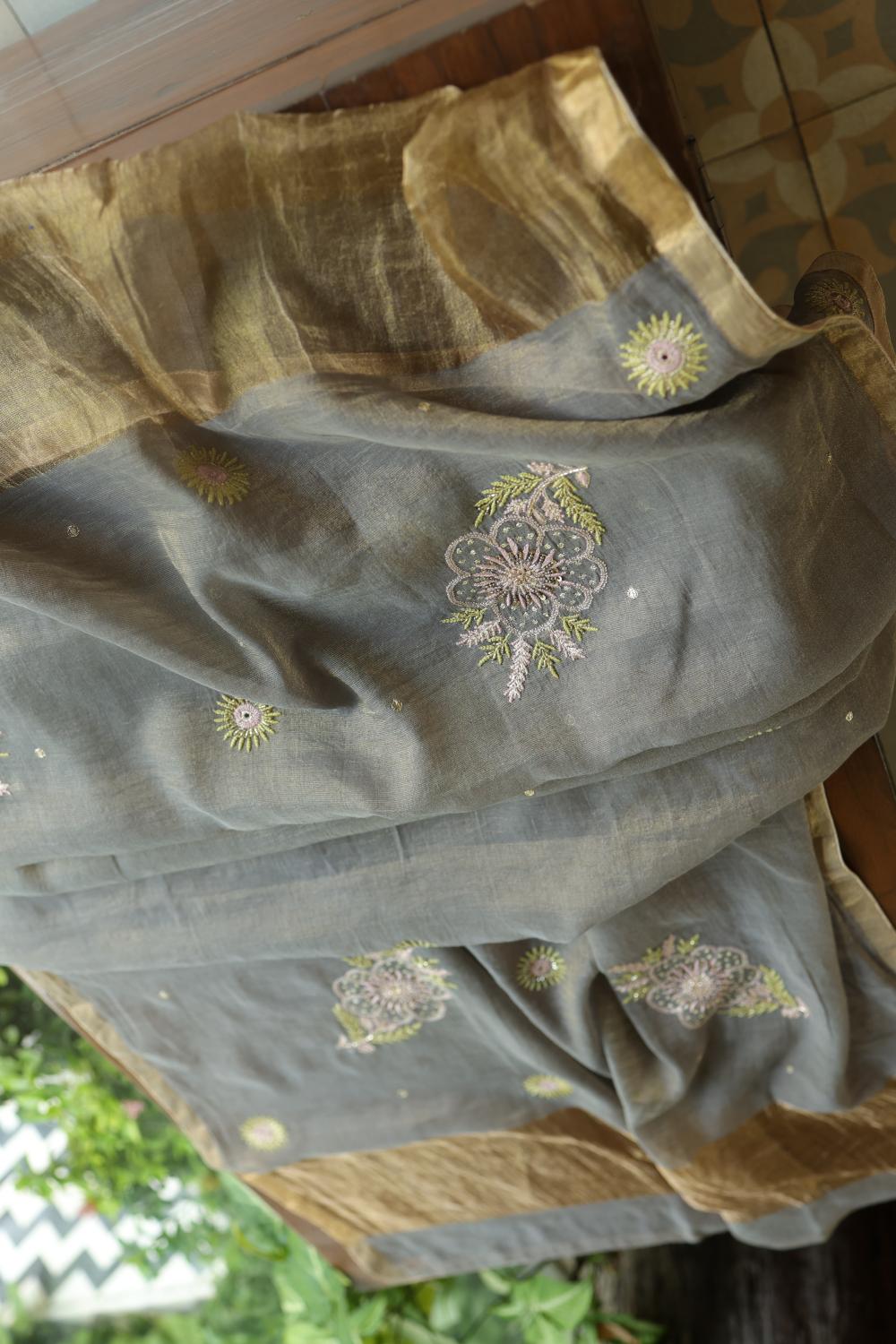Cloudy Grey Tissue Silk Chikankari Unstitched Fabric