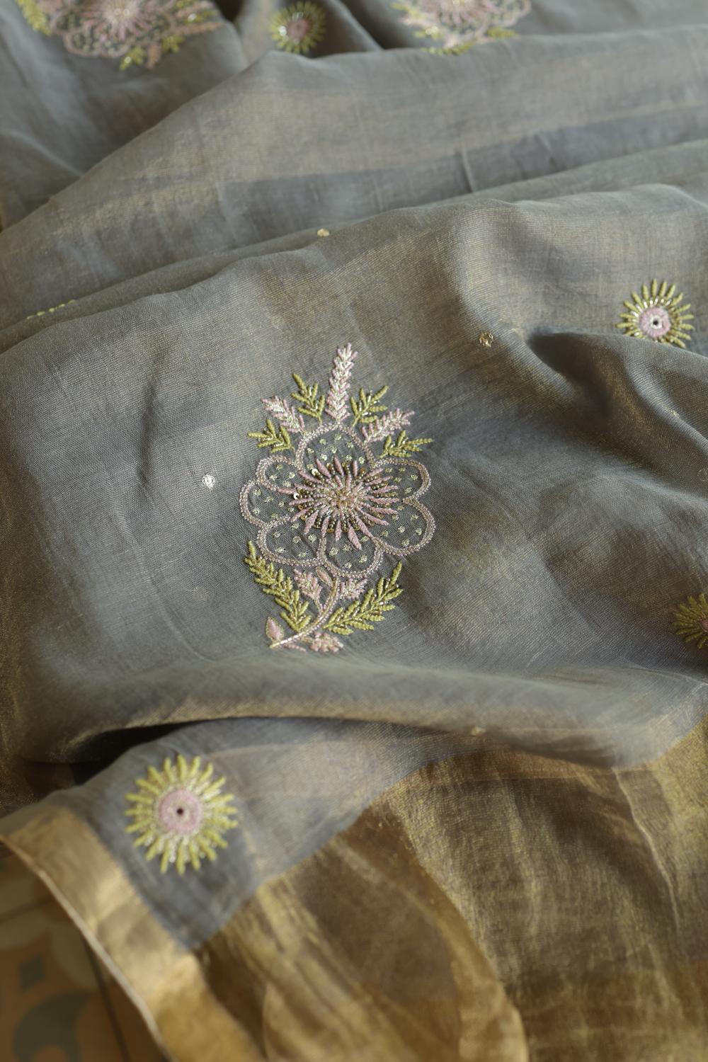Cloudy Grey Tissue Silk Chikankari Unstitched Fabric