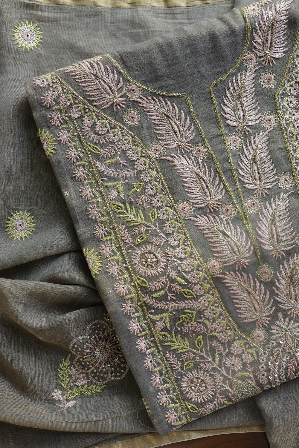 Cloudy Grey Tissue Silk Chikankari Unstitched Fabric