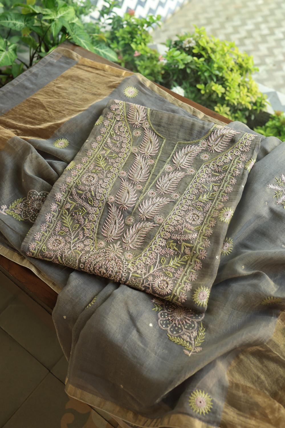 Cloudy Grey Tissue Silk Chikankari Unstitched Fabric