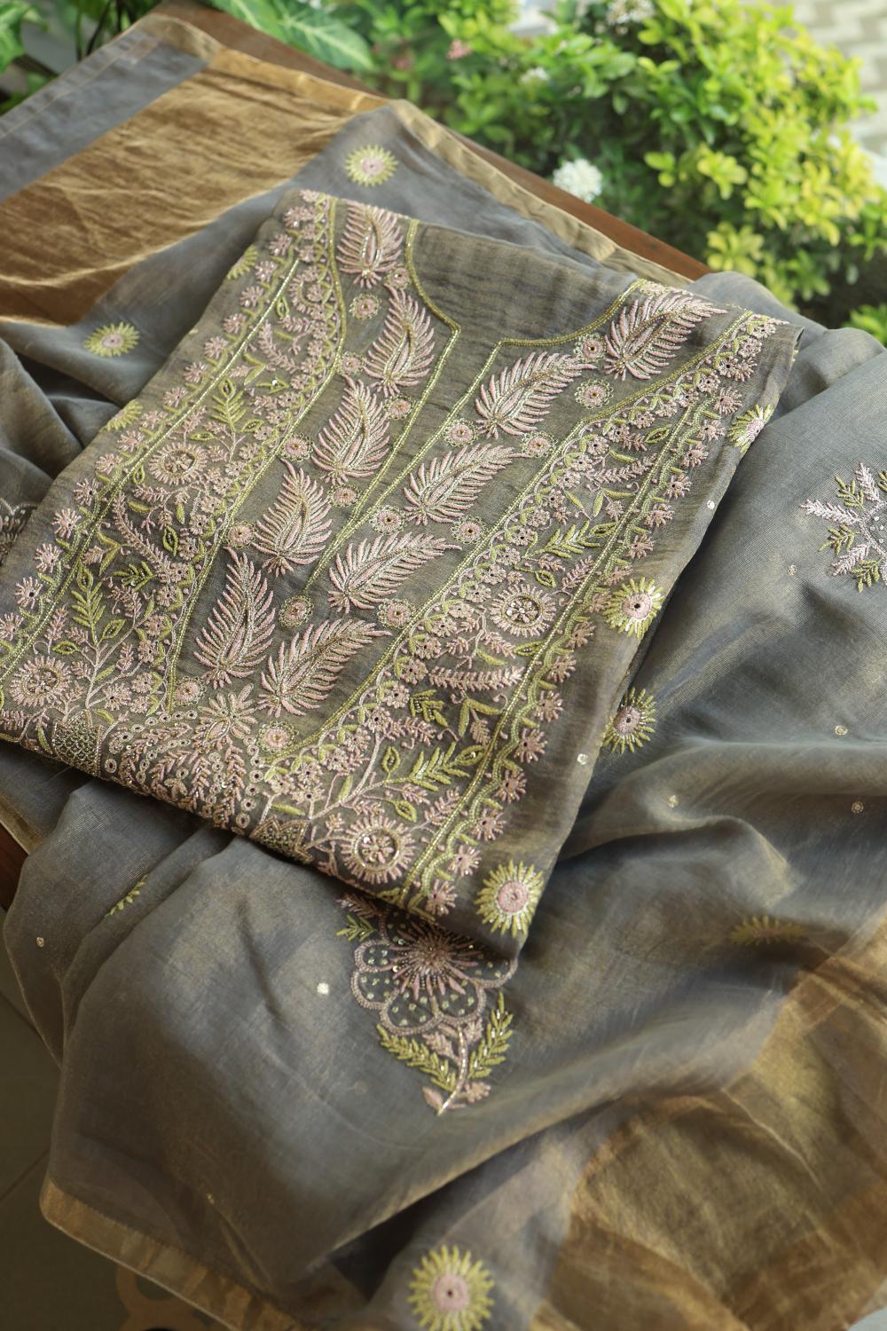Cloudy Grey Tissue Silk Chikankari Unstitched Fabric