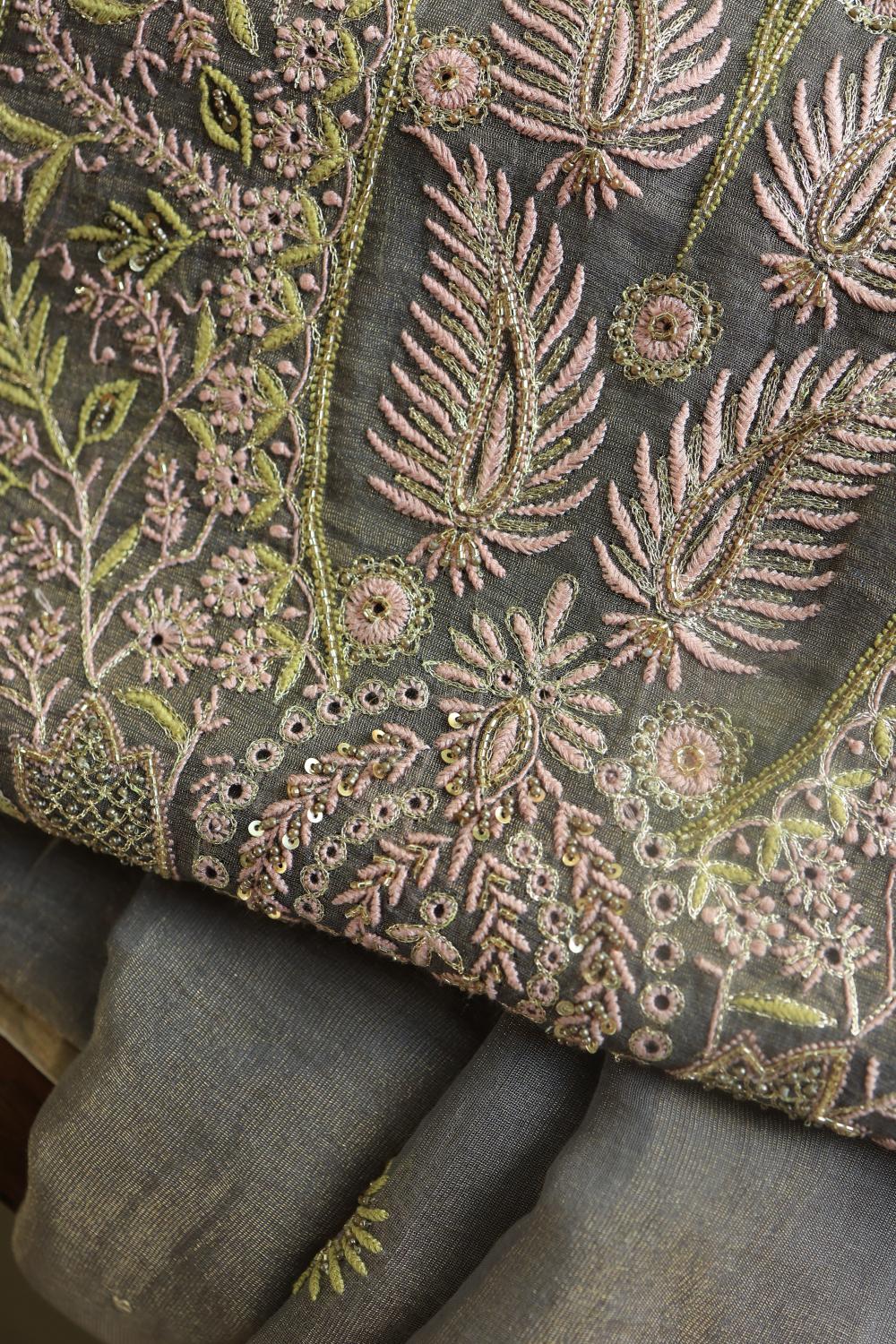 Cloudy Grey Tissue Silk Chikankari Unstitched Fabric