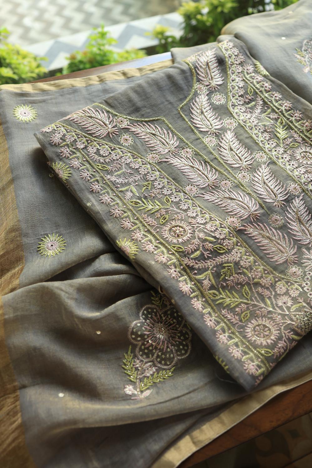 Cloudy Grey Tissue Silk Chikankari Unstitched Fabric