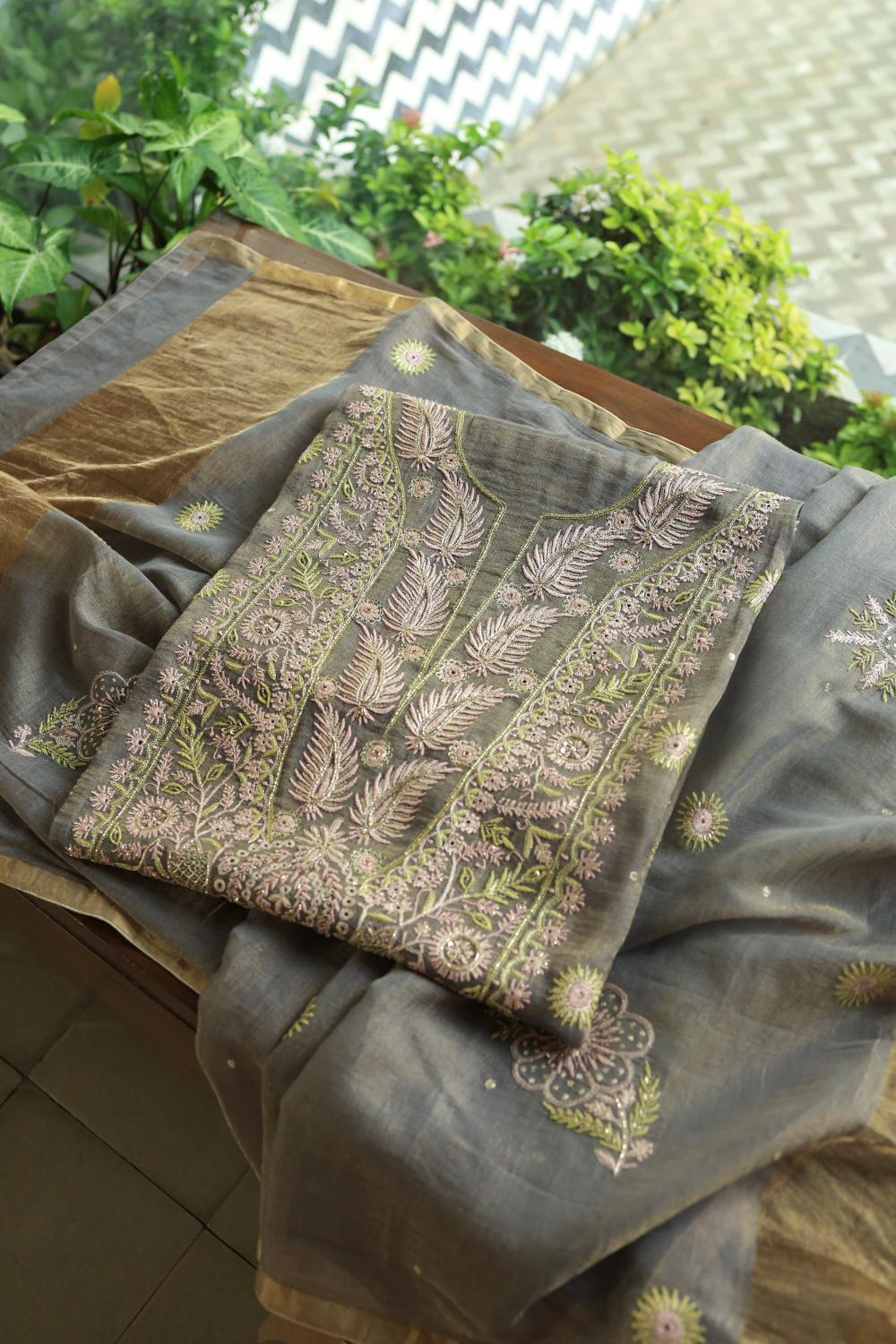 Cloudy Grey Tissue Silk Chikankari Unstitched Fabric