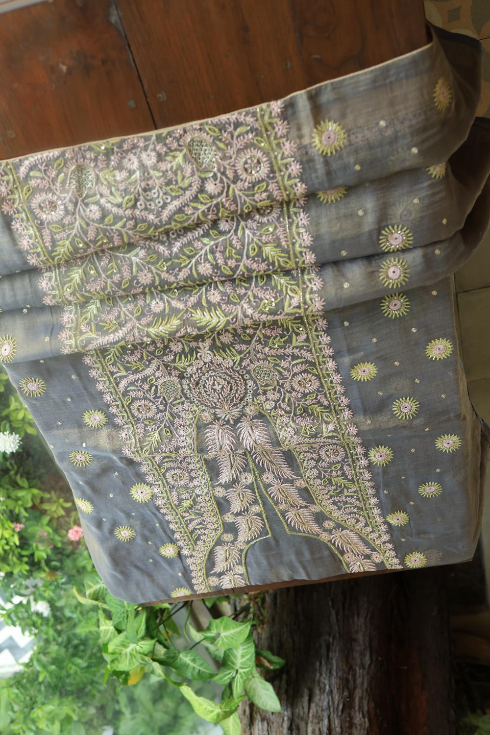 Cloudy Grey Tissue Silk Chikankari Unstitched Fabric