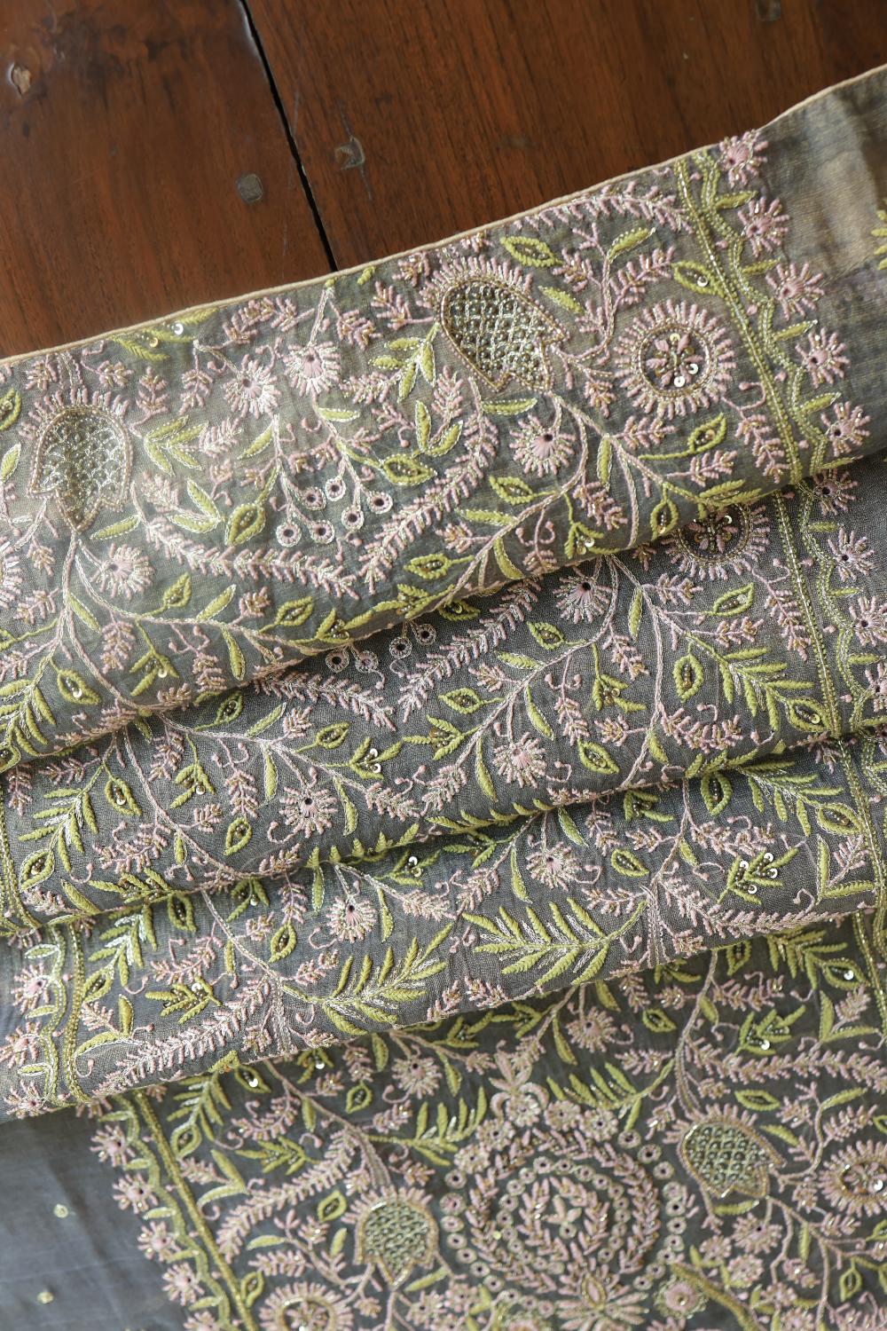 Cloudy Grey Tissue Silk Chikankari Unstitched Fabric