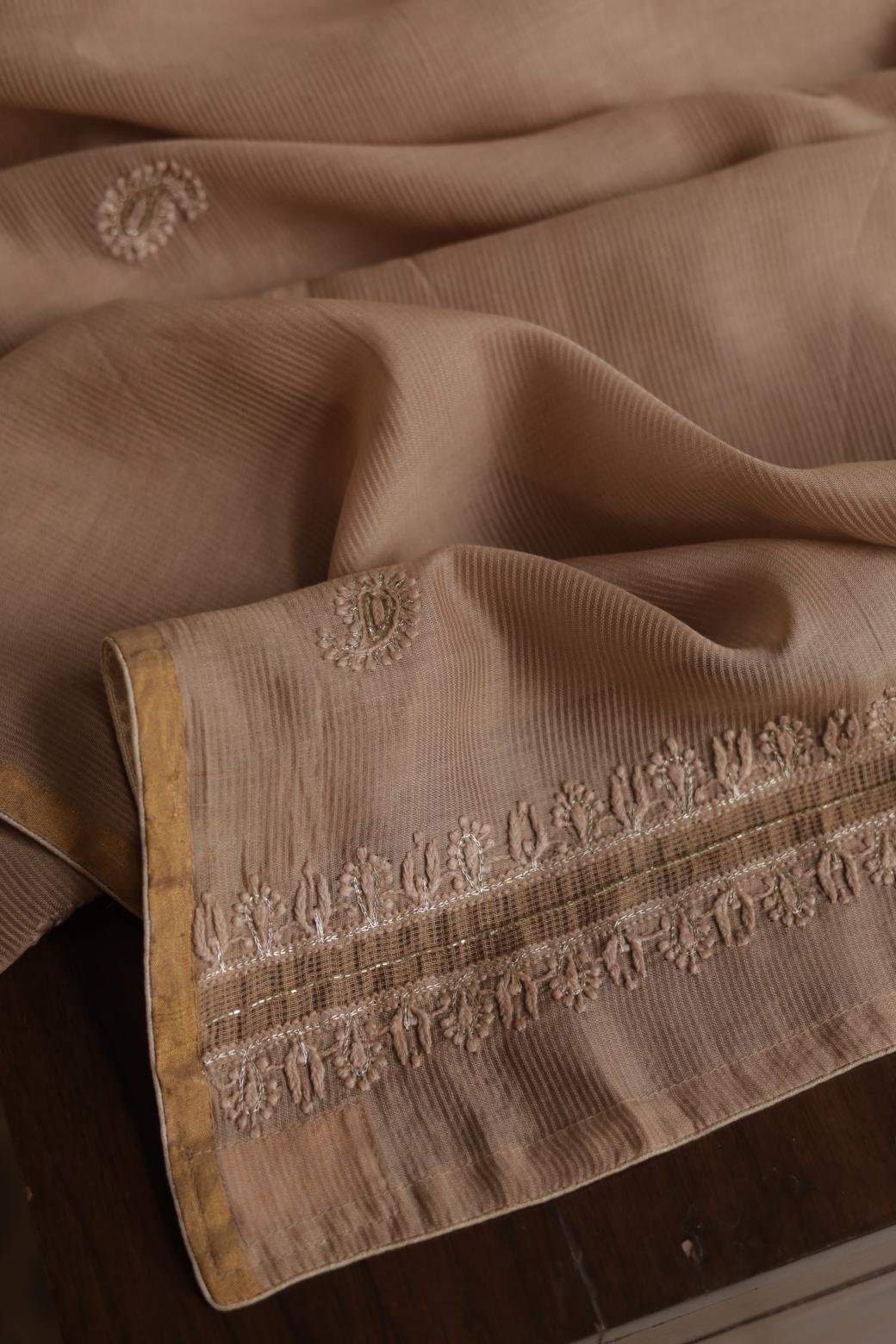 Coffee Brown Maheshwari Chikankari Unstitched Fabric