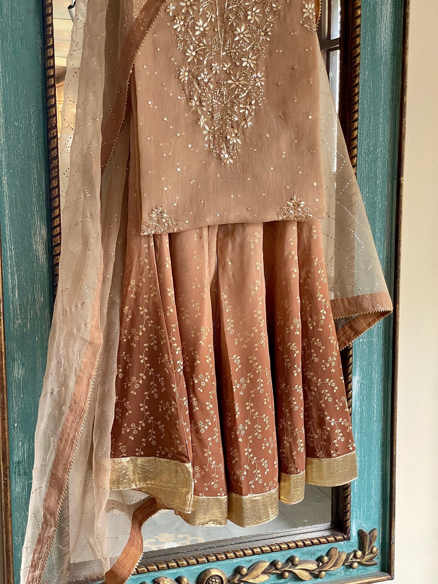 Coffee Brown Ombre Foil Print Organza Chikankari Ready to Wear Sharara Set