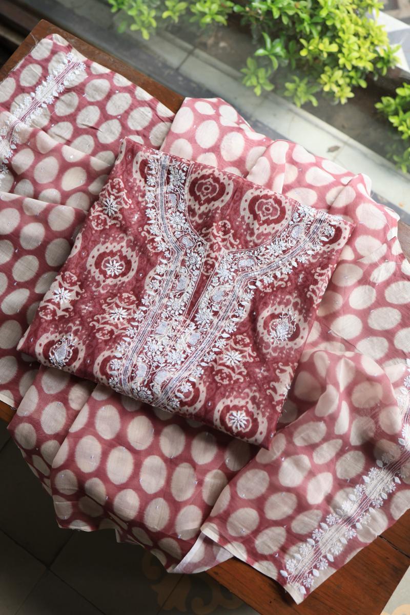 Copper Rose & White Soft Cotton Printed Unstitched Kurta Dupatta Set with Chikankari & Sequin Work