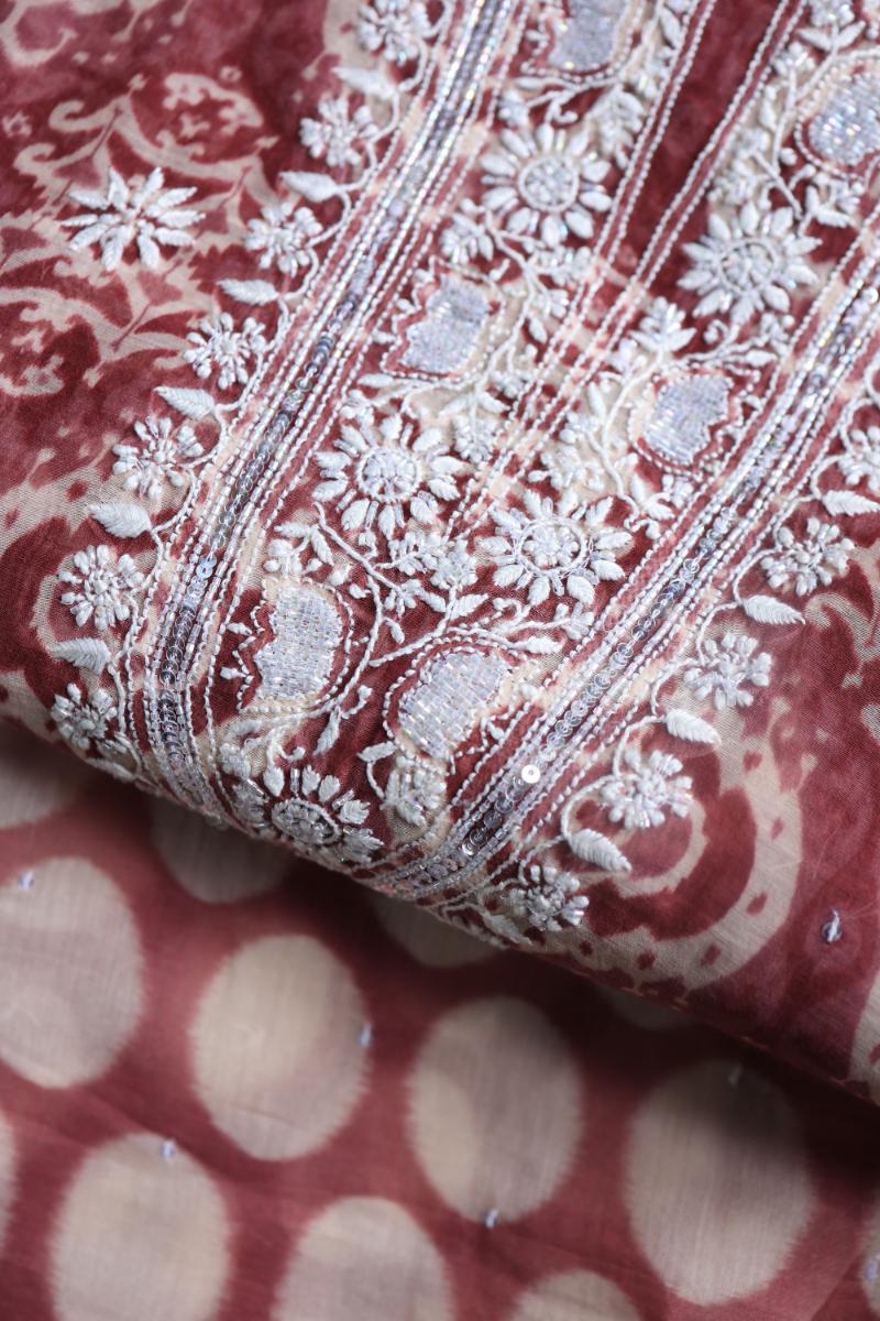 Copper Rose & White Soft Cotton Printed Unstitched Kurta Dupatta Set with Chikankari & Sequin Work