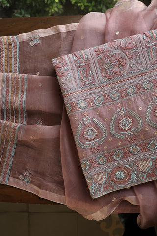 Copper Rose Shade Noor Banarasi Organza Chikankari Unstitched Fabric