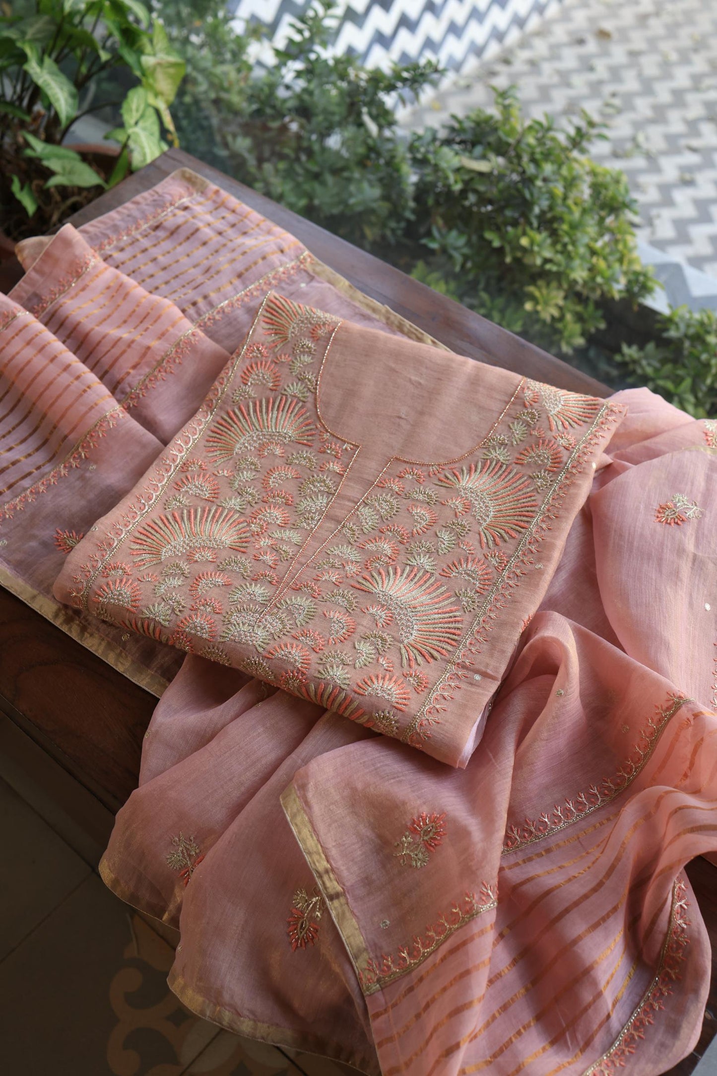 Copper Rose Shade Tissue Silk Chikankari Unstitched Fabric
