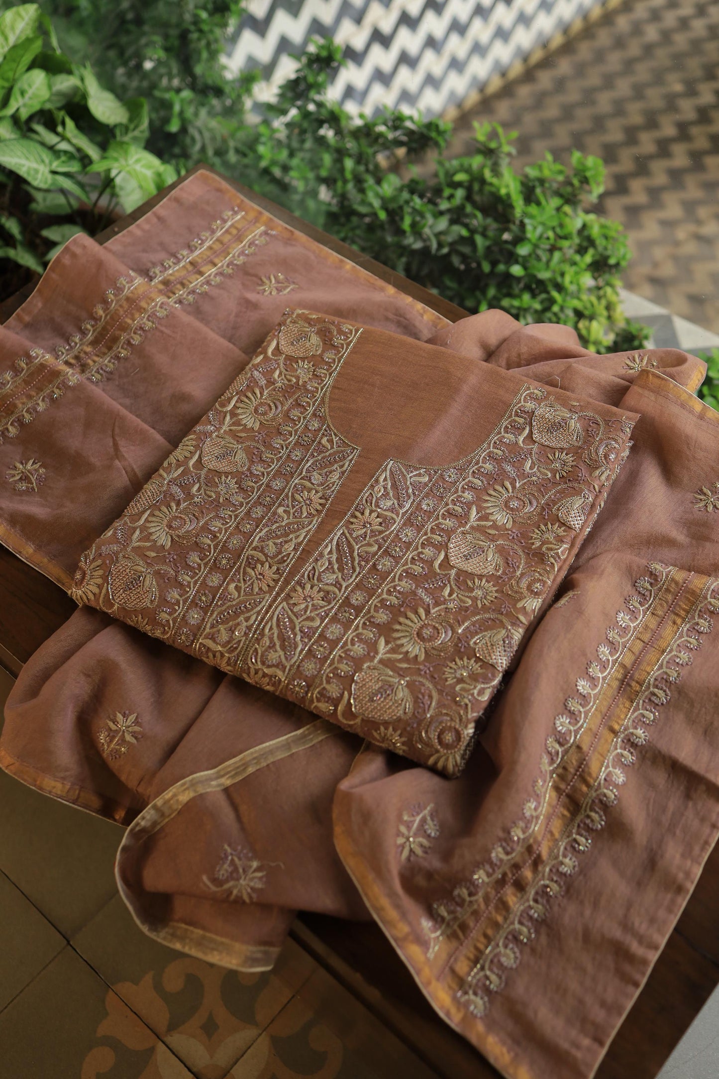 Copper Shade Shade Roheen Tissue Silk Chikankari Unstitched Fabric