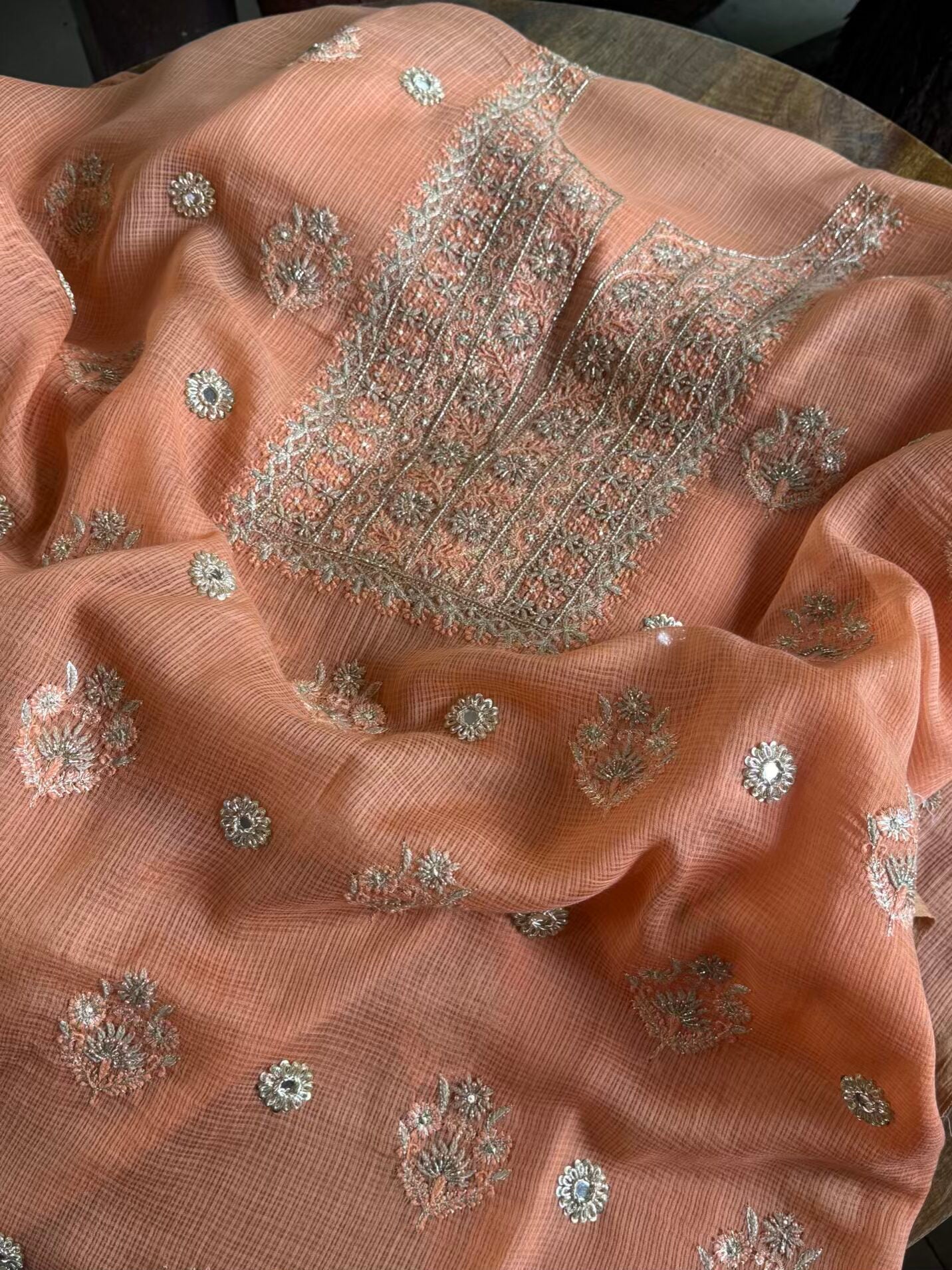Coral Peach Handloom Kota Chikankari With Mirror Work Unstitched Kurta Dupatta Set