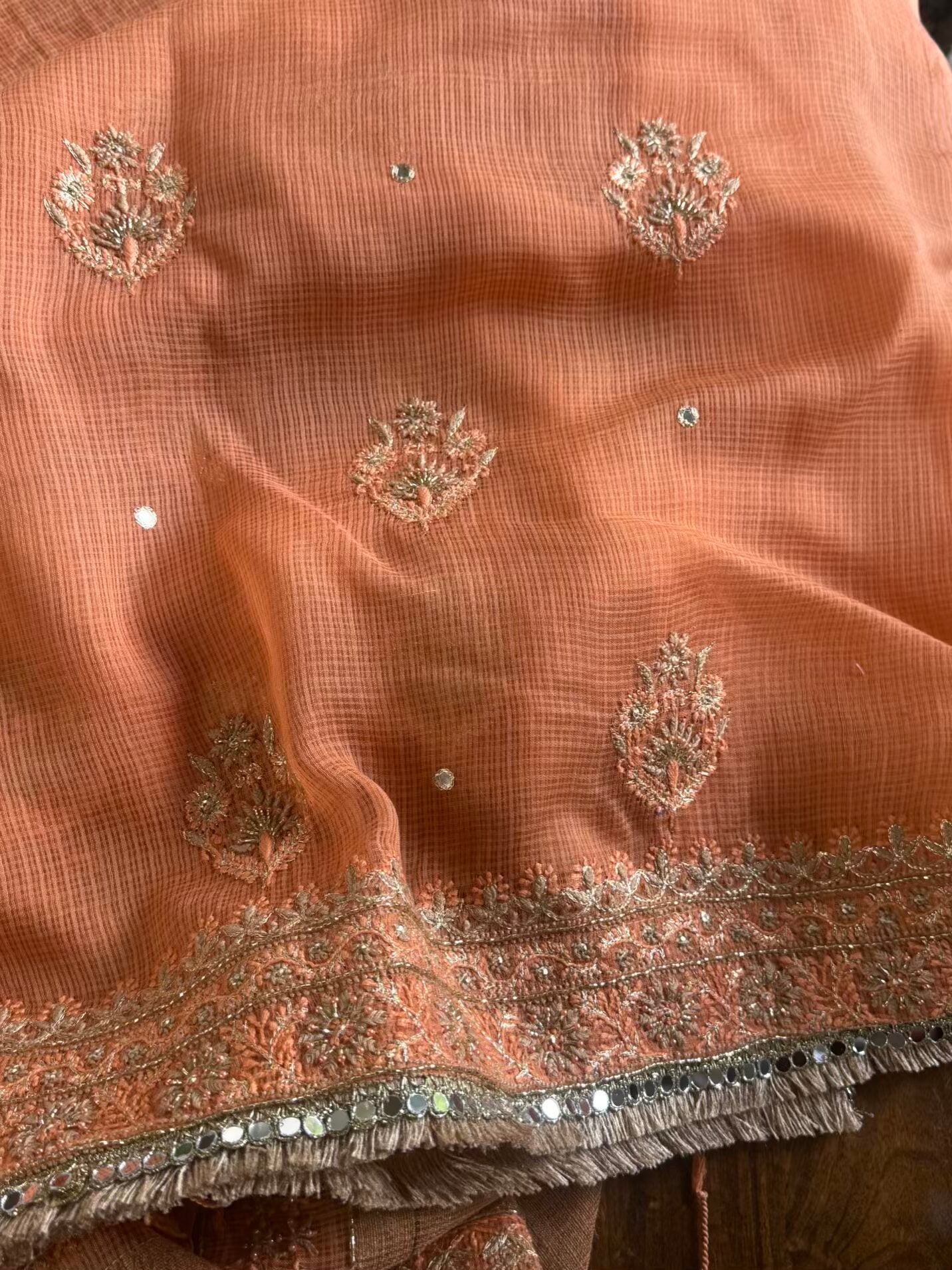 Coral Peach Handloom Kota Chikankari With Mirror Work Unstitched Kurta Dupatta Set