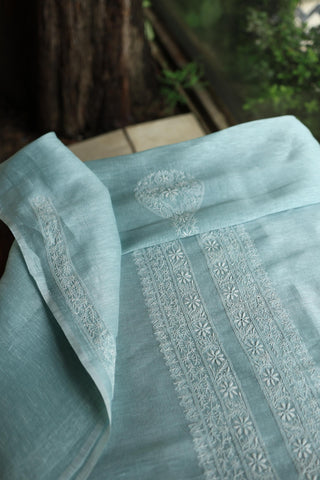 Coral Blue Linen Chikankari Unstitched Men's Kurtas Fabric